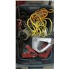 Image 3 : BIN OF MISC. VACUUM, MINI AIR COMPRESSOR, INFLATOR AIR PUMP, SAWHORSE BRACKETS, ETC.