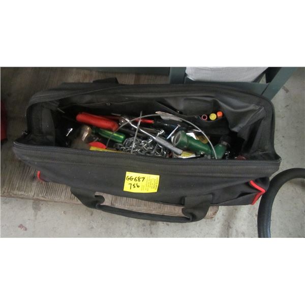 TOTE BAG W/MISC. TOOLS, PIPE WRENCH, HAMMERS, ETC.