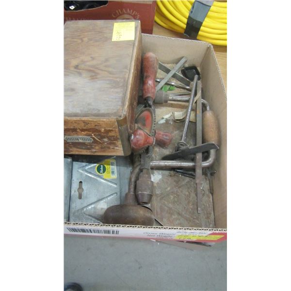 BOX W/MISC. HAND DRILLS, WOODEN BOX, ETC.