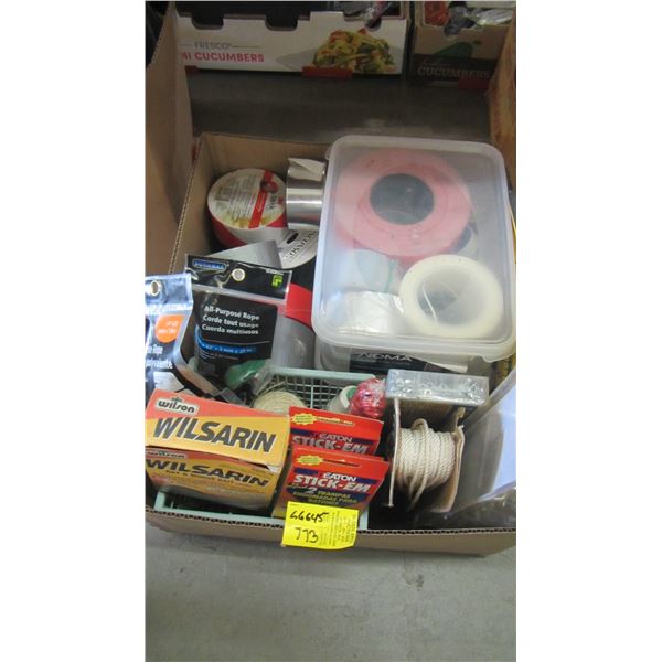 BOX OF MISC. TAPE, ROPE, RAT POISON, ETC.