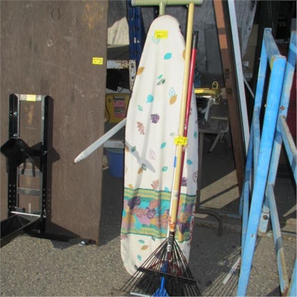 RAKES, SQUEEGEE, BROOM, IRONING BOARD, SM STEPS, PATIO UMBRELLA, ETC.