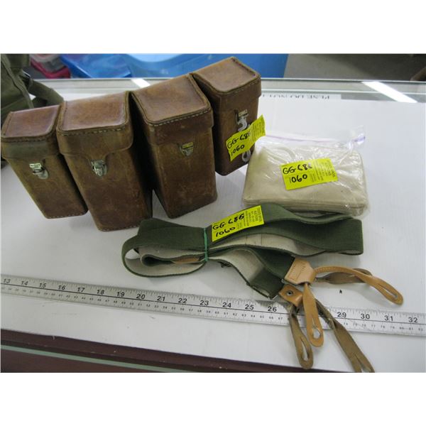 4 LEATHER POUCHES, SUSPENDERS, & MILITARY GAUZE