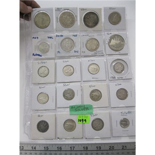 SHEET OF CANADIAN SILVER COINS, DOLLARS, QUARTERS AND DIMES