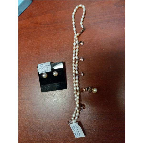 CULTURED PEARL NECKLACE & EARRINGS & A PIN