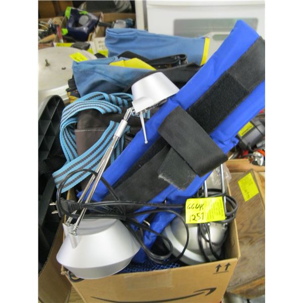 2 DESK LAMPS AND BOX WITH MISC BAGS ETC