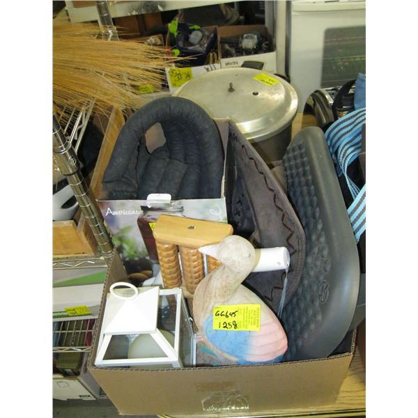 BOX WITH MISC MASSAGER, FOOT REST, LEATHER HAT ETC