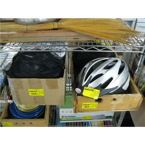 WOODEN TRAY WITH BICYCLE HELMET WITH KNEE PADS AND A BOX OF ASSORTED TIMERS