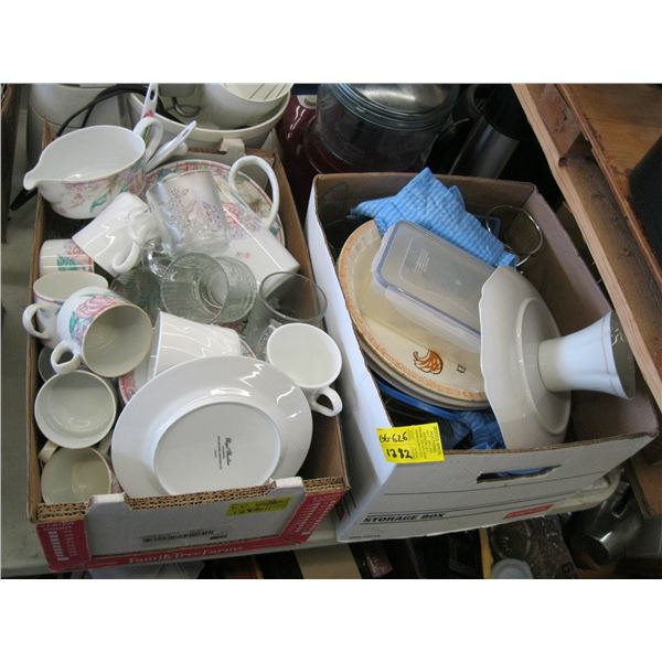 2 BOXES OF MISC DISHES, PIE STAND, PIE PLATES ETC