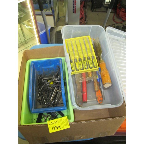 BOX OF MISC ALLEN KEYS, SCREW DRIVERS ETC