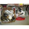 Image 1 : BIN AND BOX OF MISC KITCHEN ITEMS, PRINTER, VIDEO TAPES ETC