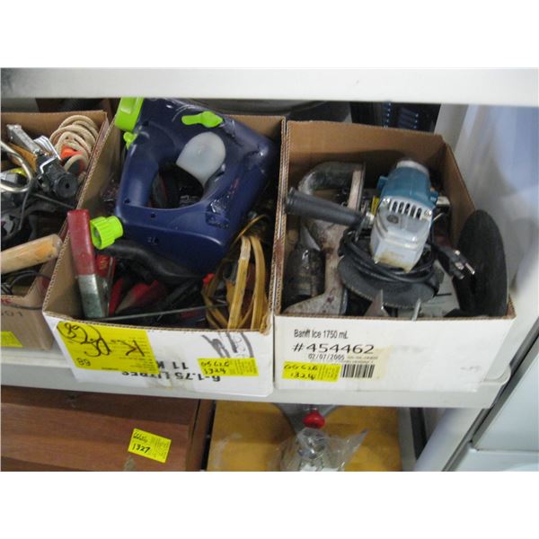 2 BOXES OF MISC TOOLS, ANGLE GRINDER, STAPLER ETC