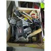 Image 1 : BOX OF MISC TROWEL, ELECTRIC STAPLER, SCROLLING JIG SAW ETC