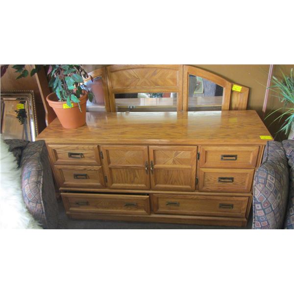 LARGE MIRRORED DRESSER AND MATCHING HEADBOARD