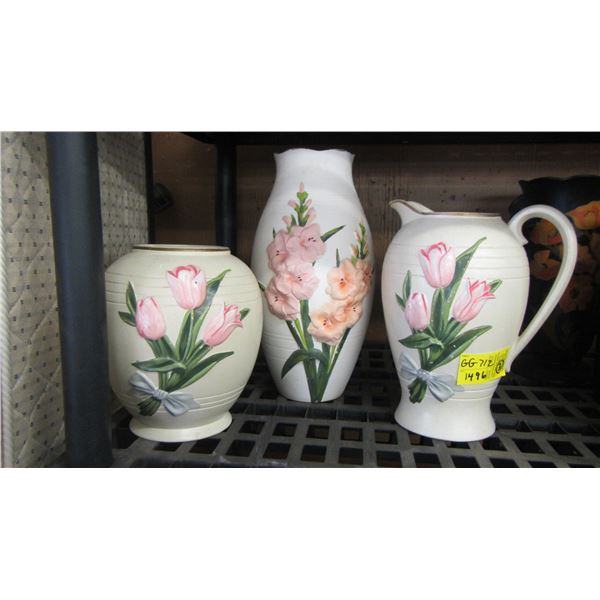 MATCHING 3 PCE ENGLISH POTTERY VASE SET, BRENTLEIGH WARE, SOUTHPORT