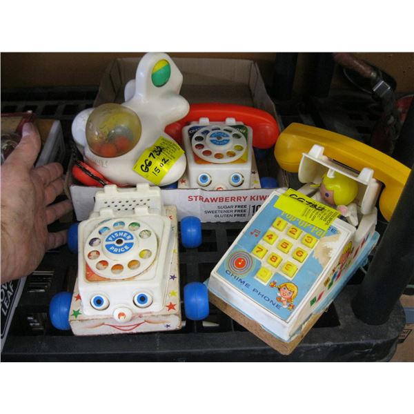 BOX OF FISHER PRICE TELEPHONES, AIRPLANE ETC