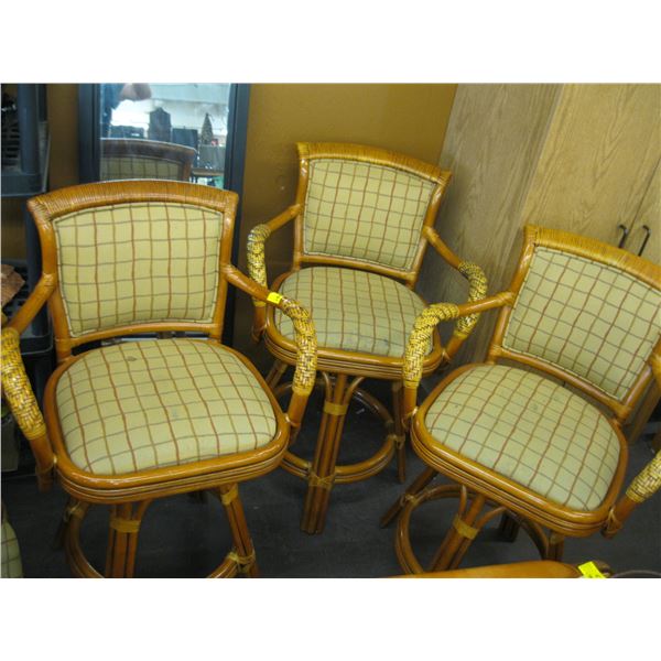 FOUR RATTAN SWIVEL TOP STOOLS, ONE NEEDS REPAIRS