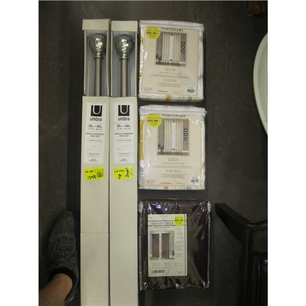 2 DRAPERY RODS AND BOX OF DRAPES