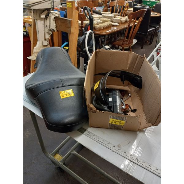 ONE MOTOR CYCLE SEAT AND BOX OF ASSORTED MOTOR CYCLE PARTS