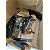 Image 2 : ONE MOTOR CYCLE SEAT AND BOX OF ASSORTED MOTOR CYCLE PARTS