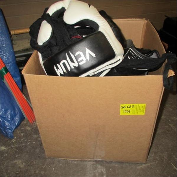 BOX OF MISC FIGHT PROTECTION, GLOVES, HEAD GEAR ETC