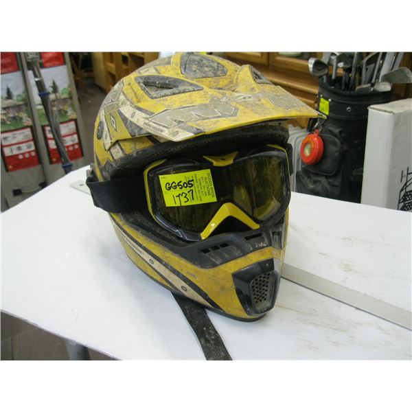 YELLOW MOTORCYCLE HELMET AND GOGGLES