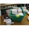 Image 1 : GREEN PLASTIC BIN OF ASSORTED DISHES AND SMALL LOT OF DISHES