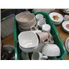 Image 2 : GREEN PLASTIC BIN OF ASSORTED DISHES AND SMALL LOT OF DISHES