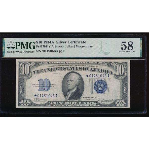 1934A $10 STAR Silver Certificate PMG 58