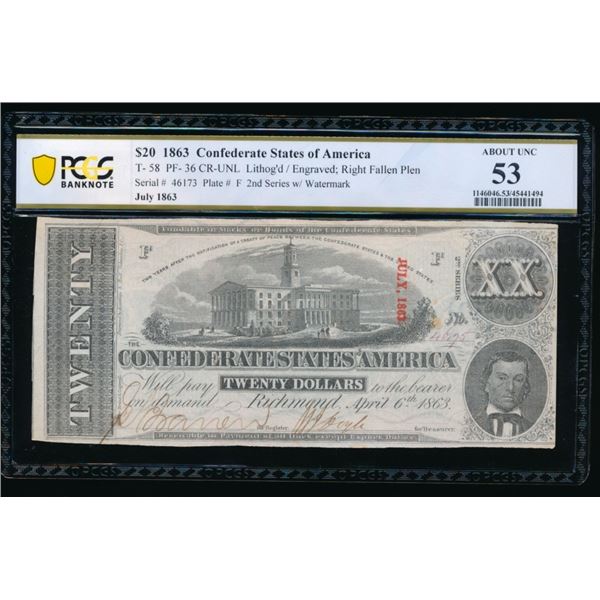 1863 $20 T-58 Confederate PCGS 53