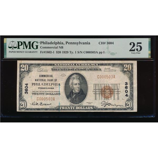 1929 $20 Philadelphia PA National PMG 25