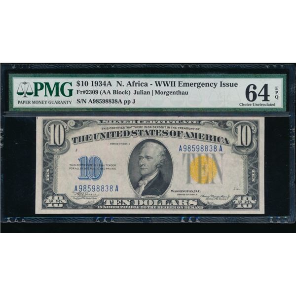 1934A $10 N Africa Silver Certificate PMG 64EPQ