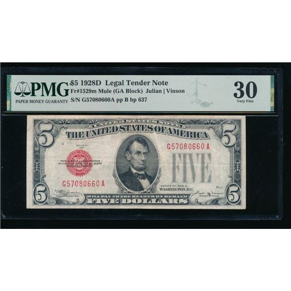 1928D $5 Mule Legal Tender Note PMG 30