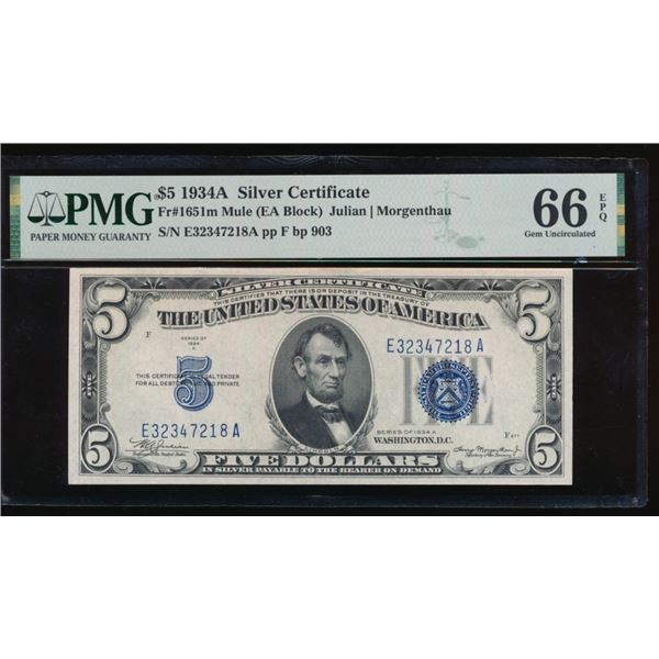 1934A $5 Silver Certificate PMG 66EPQ