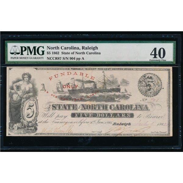 1862 $5 Raleigh NC Obsolete PMG 40