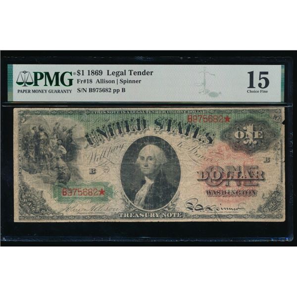 1869 $1 Rainbow Legal Tender Note PMG 15