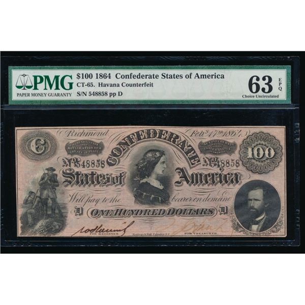 1864 $100 CT-65 Confederate PMG 63EPQ