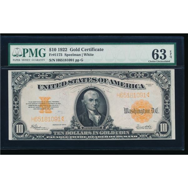 1922 $10 Gold Certificate PMG 63EPQ