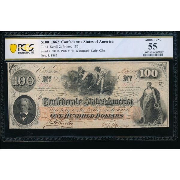 1862 $100 T-41 Confederate PCGS 55