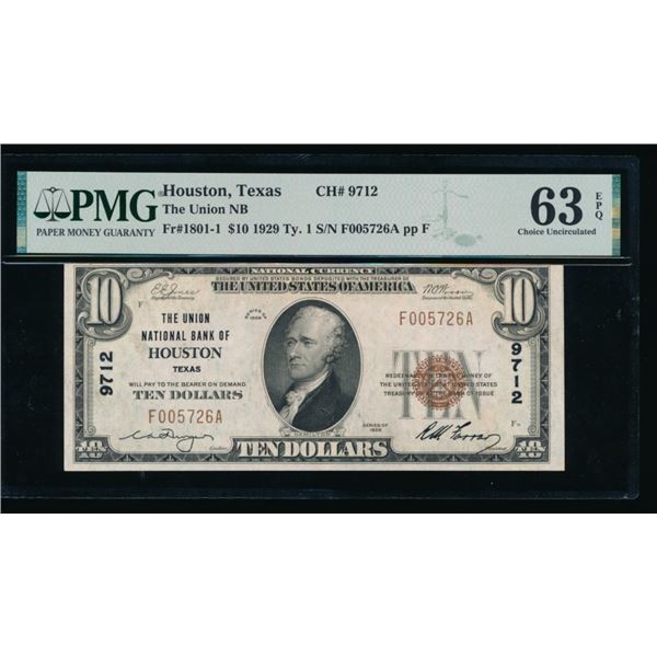 1929 $10 Houston TX National PMG 63EPQ