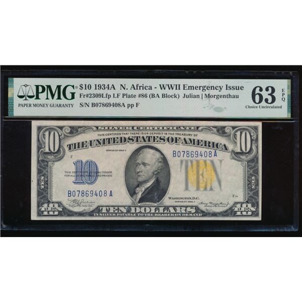 1934A $10 N Africa Silver Certificate PMG 63EPQ
