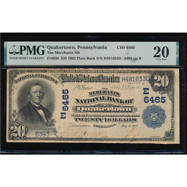 1902 $20 Quakertown PA National PMG 20