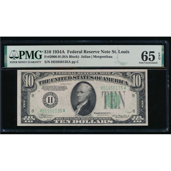 1934A $10 St Louis FRN PMG 65EPQ