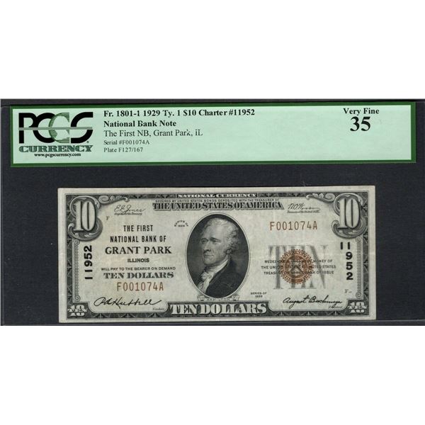1929 $10 Grant Park IL National PCGS 35