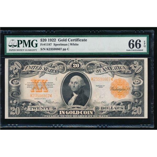 1922 $20 Gold Certificate PMG 66EPQ