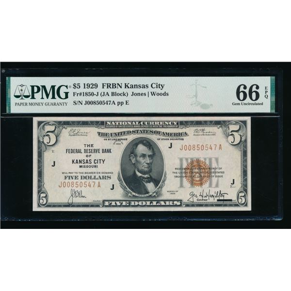 1929 $5 Kansas City FRBN PMG 66EPQ