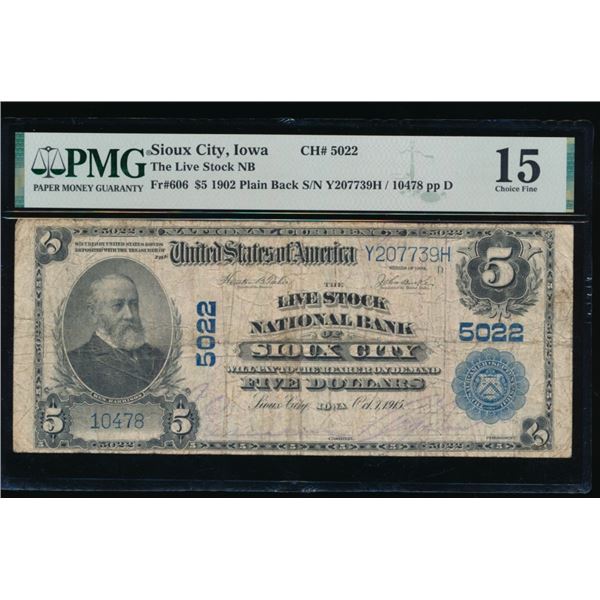 1902 $5 Sioux City IA National PMG 15