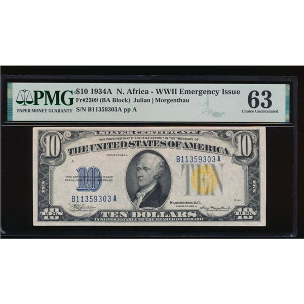 1934A $10 N Africa Silver Certificate PMG 63