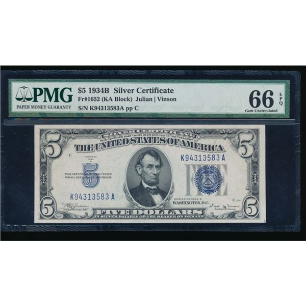 1934B $5 Silver Certificate PMG 66EPQ