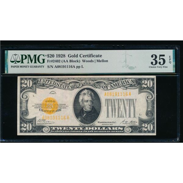 1928 $20 Gold Certificate PMG 35EPQ