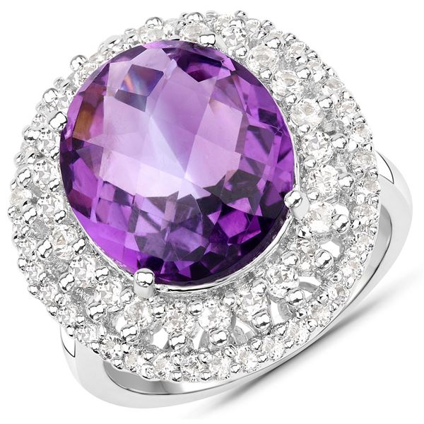 Plated Rhodium 6.65ct Amethyst and White Topaz Ring